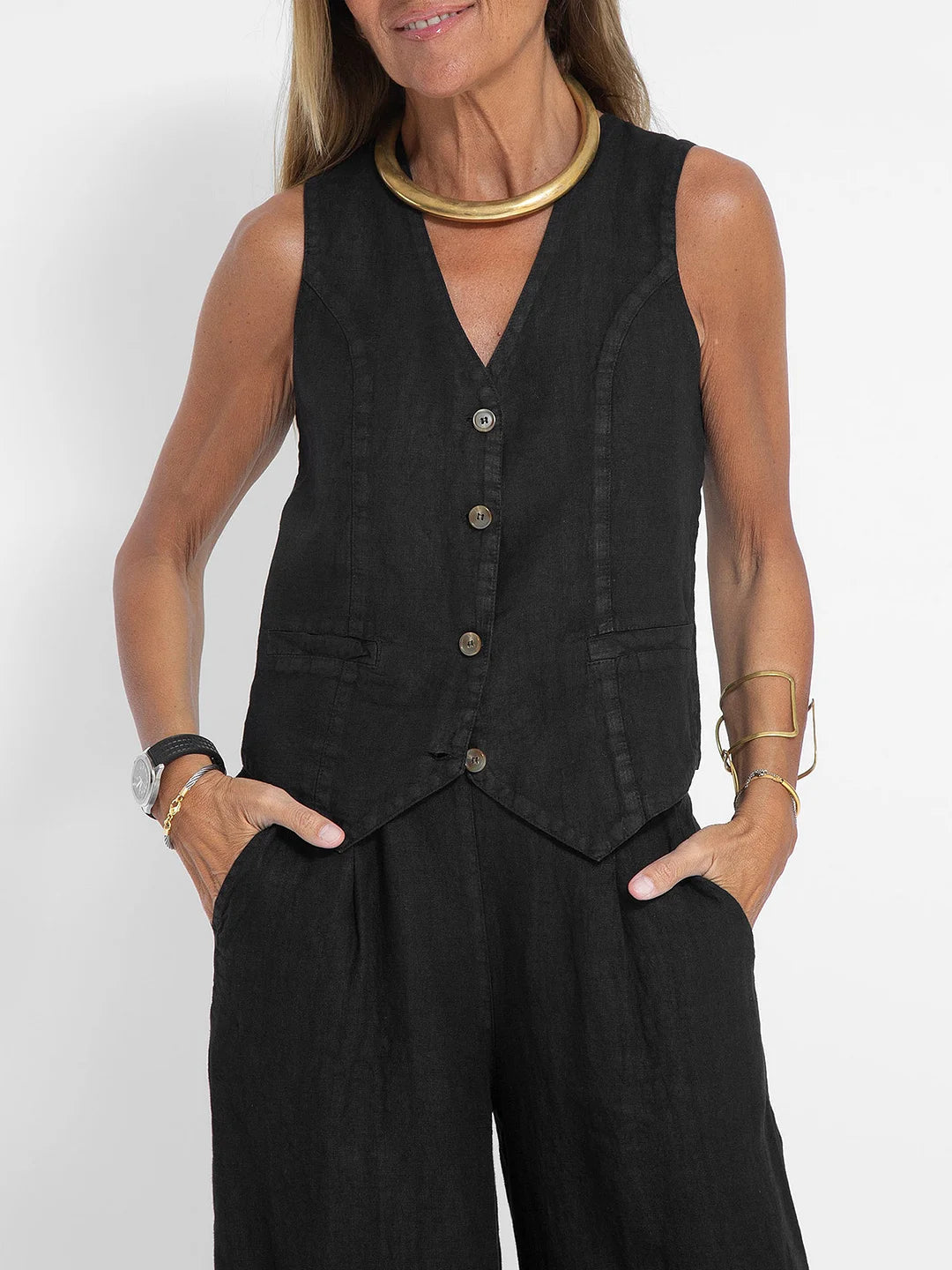 Jessica - Buttoned Vest & Wide-Leg Trousers Set