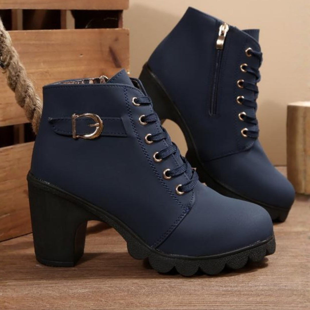 Katni I l Chic Lace-Up Metal Buckle Chunky Ankle Boots