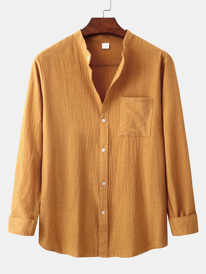Lange Mouwen Linnen Look Staande Kraag Shirt & Rechte Pijpen Linnen Broek