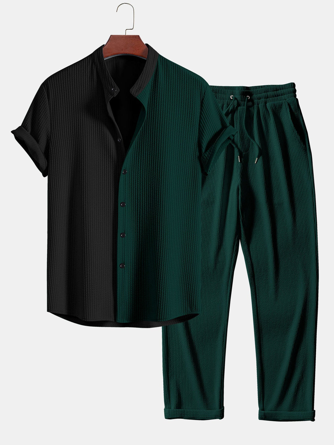 Twee Kleur Spier Fit Ribbel Stand Kraag Shirt & Rechte Pijp Ribbel Broek