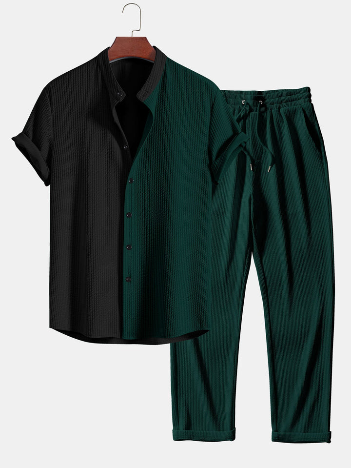 Twee Kleur Spier Fit Ribbel Stand Kraag Shirt & Rechte Pijp Ribbel Broek
