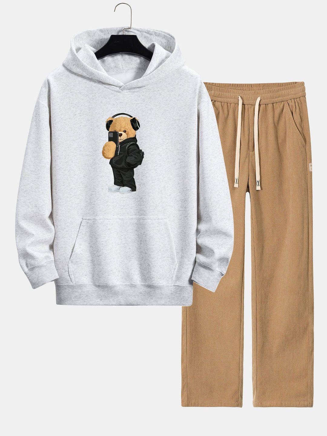 Fashion Bear Foto Print Relax Fit Hoodie & Rechte Pijpen Corduroy Broek