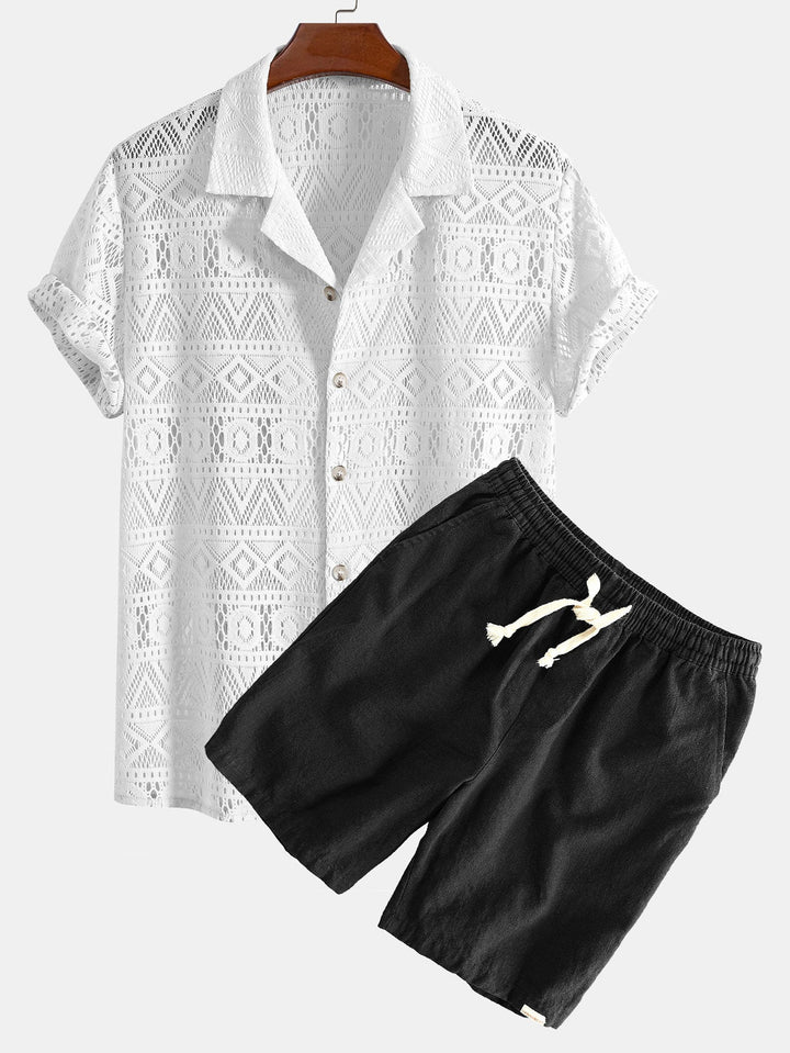 Korte Mouw Geometrisch Textuur Cuban Shirt & Linnen Katoen Mix Shorts