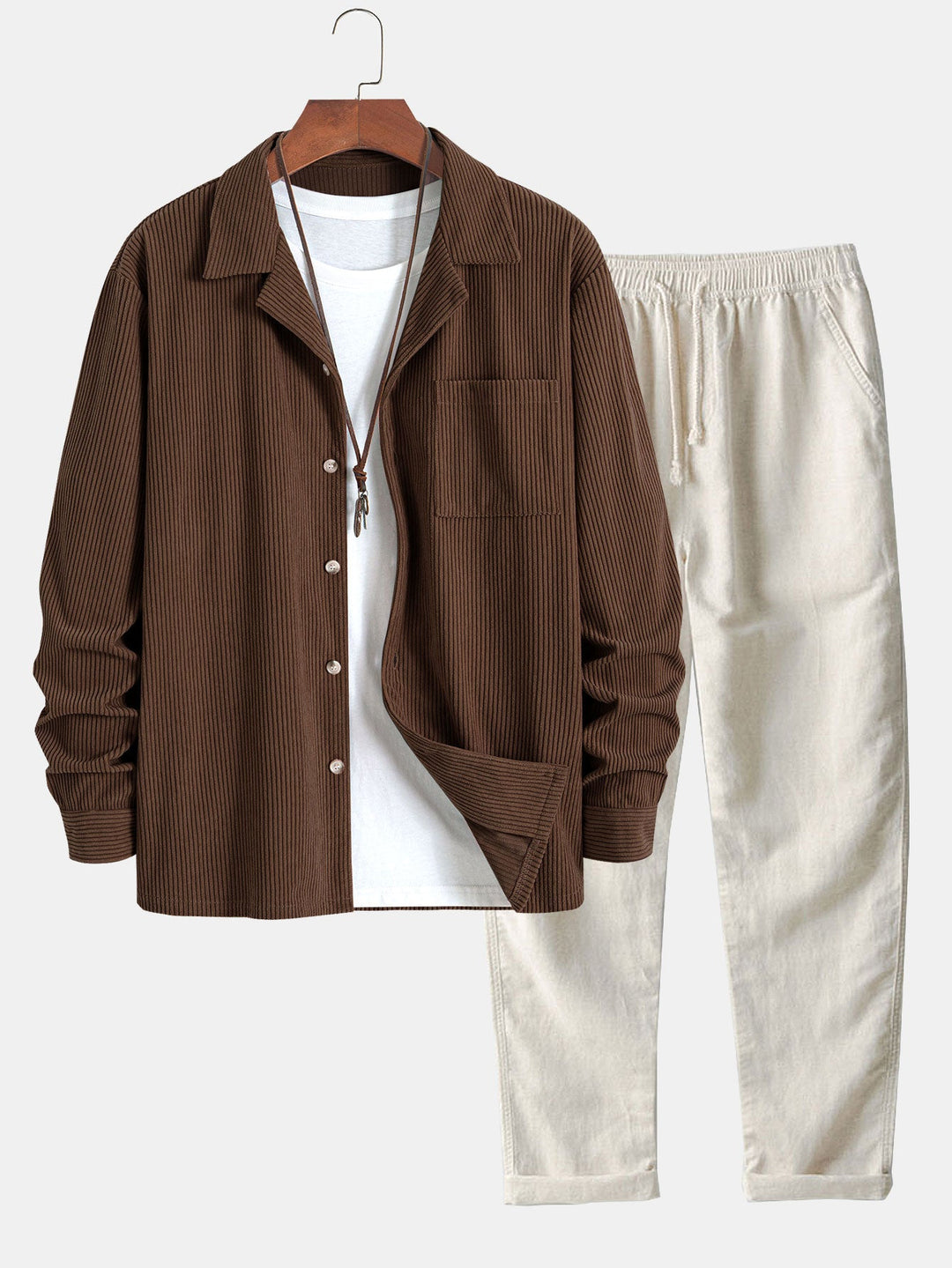Lange Mouwen Corduroy Cubaanse Kraag Shirt & Rechte Pijpen Linnen Broek