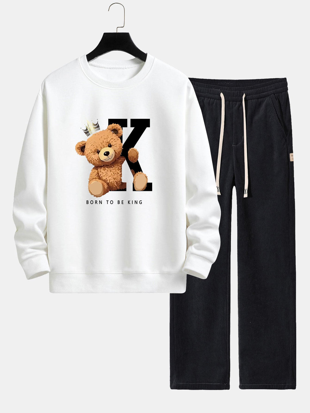 Crown King Bear Print Relax Fit Sweatshirt & Rechte Pijpen Corduroy Broek