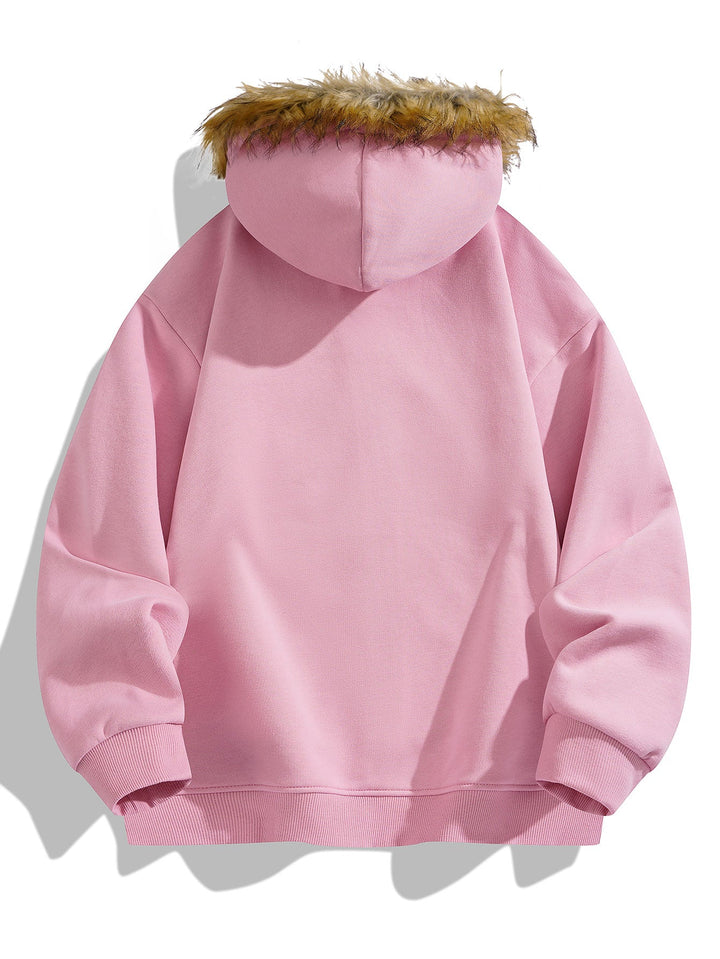 Relaxed fit faux fur collar zipper hoodie