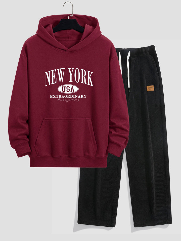 New York Print Relax Fit Hoodie & Rechte Pijpen Corduroy Broek