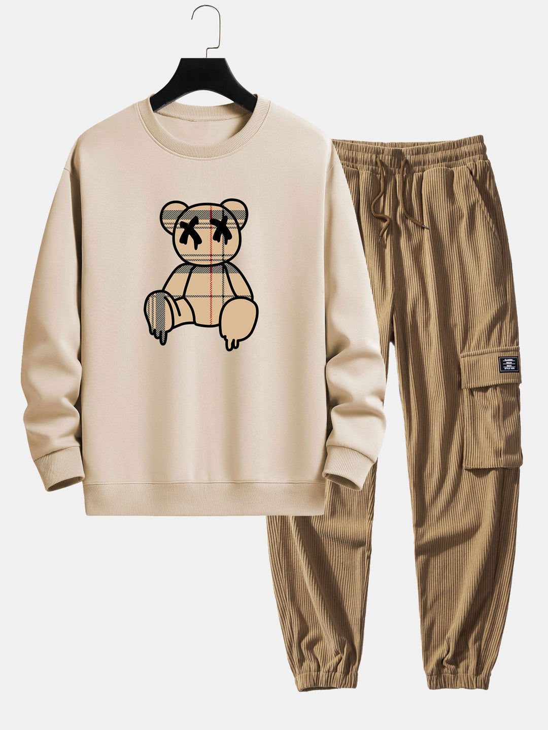 Geruite patroon oplosbare beerprint relax fit sweatshirt & trekkoord corduroy cargo jogger broek