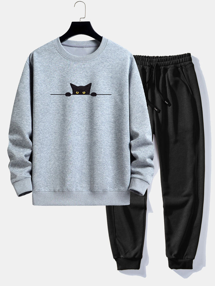 Zwarte Kat Print Relax Fit Sweatshirt & Joggingbroek