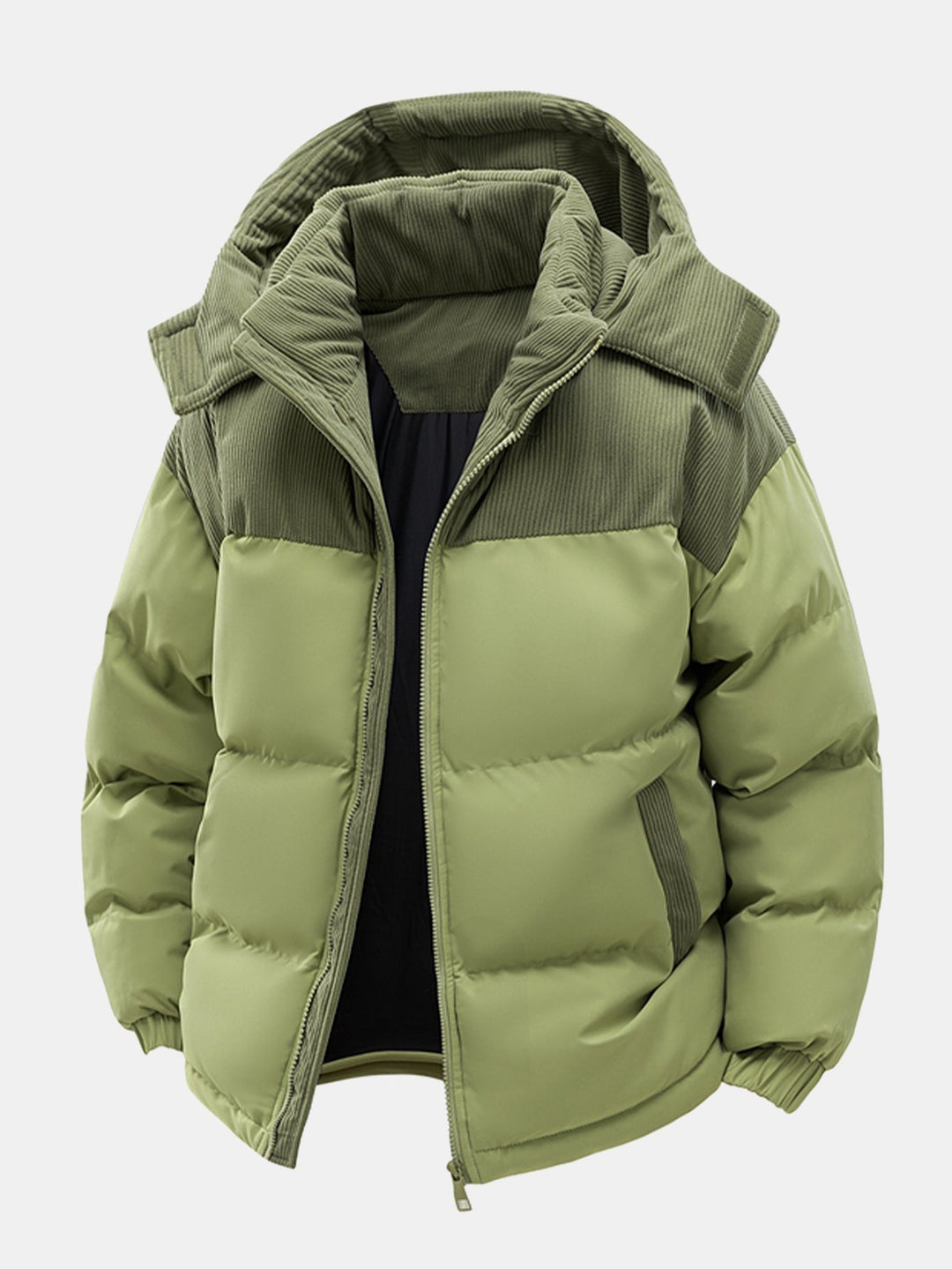 Corduroy patchwork quilted jacket with hood