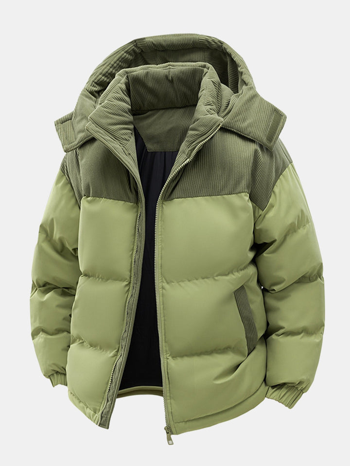 Corduroy patchwork quilted jacket with hood