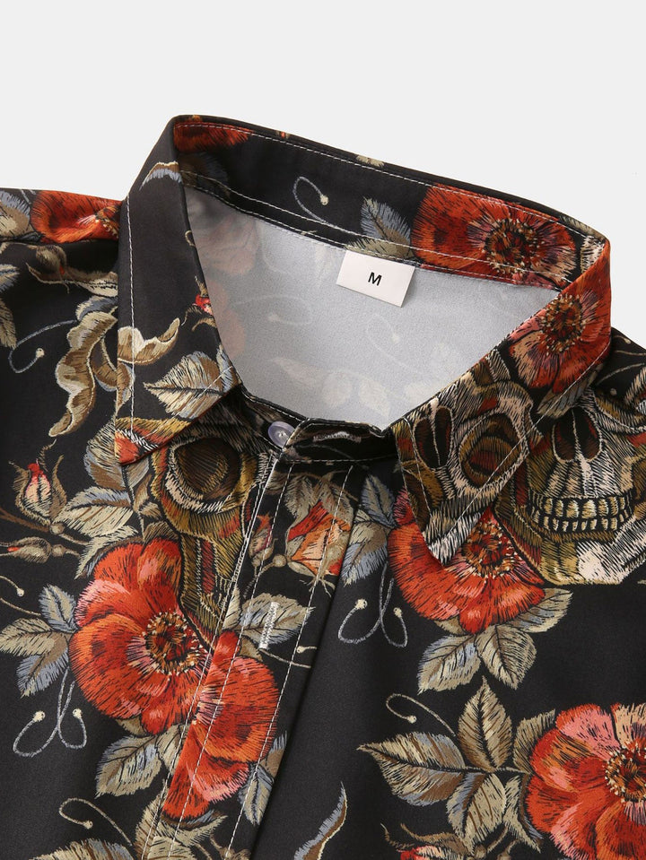 Rozen schedelprint knoopshirt