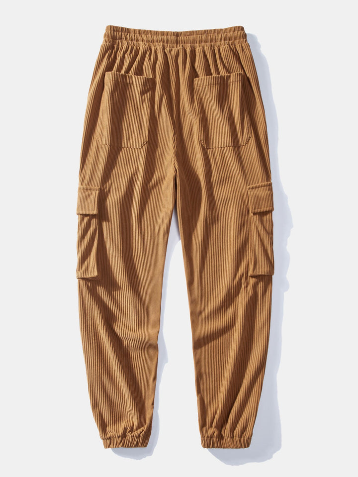 Relax Fit Contrast Corduroy Plaid Hooded Shirt & Drawstring Corduroy Cargo Jogger Pants