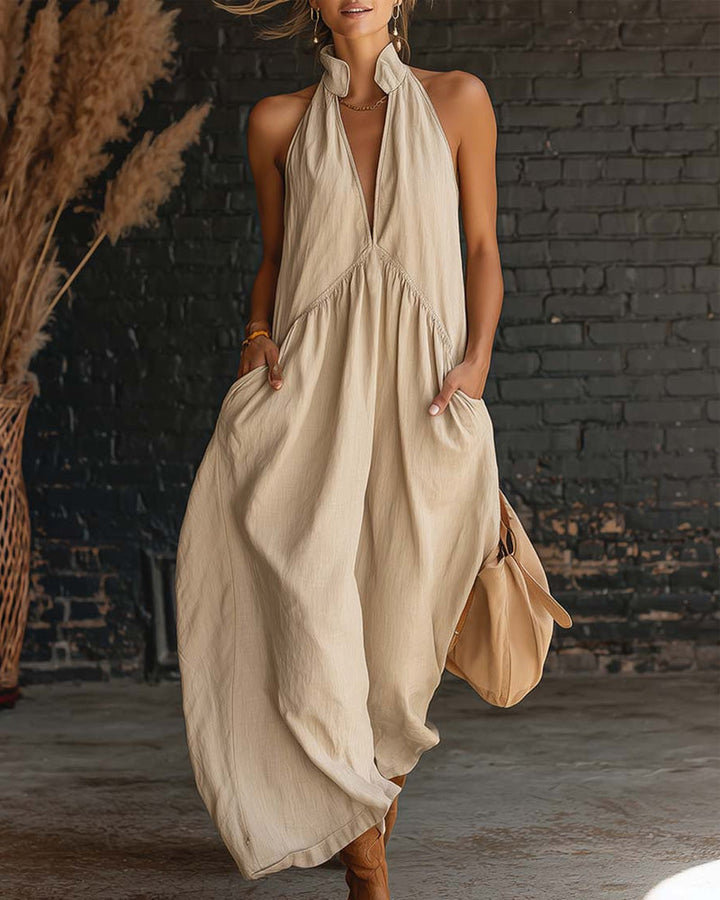 Amy l Sleeveless dress with stand-up collar, solid color, maxi length
