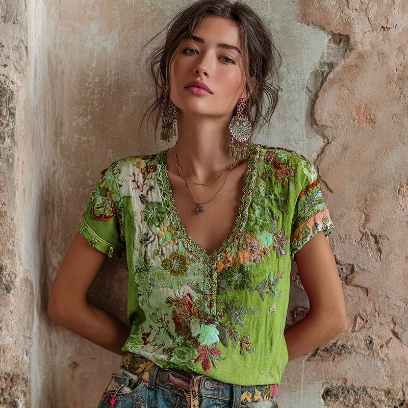 Almara | Bohemian Floral Linen Top