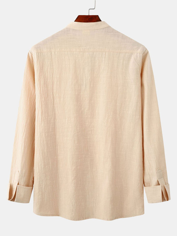 Lange Mouwen Linnen Look Staande Kraag Shirt & Rechte Pijpen Linnen Broek