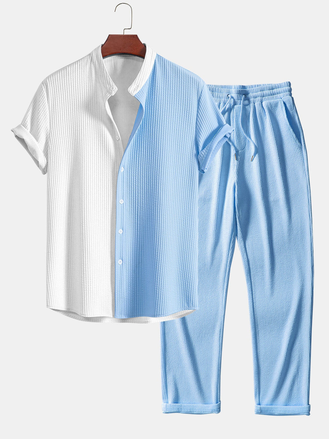 Twee Kleur Spier Fit Ribbel Stand Kraag Shirt & Rechte Pijp Ribbel Broek