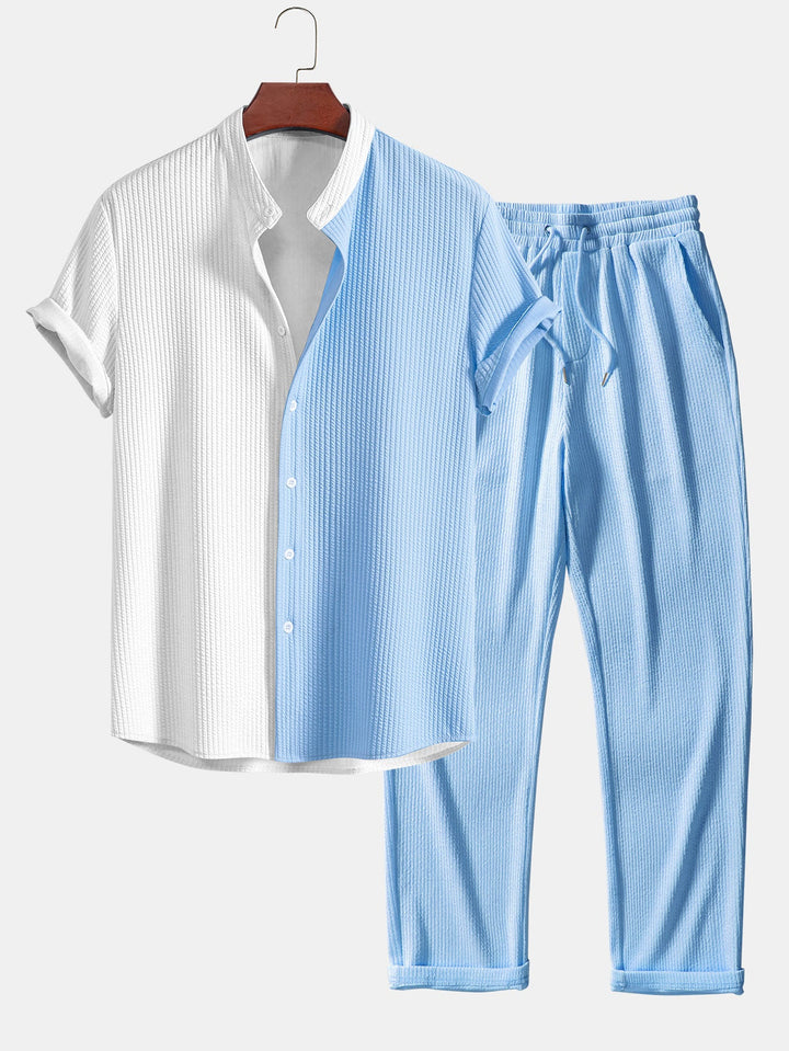 Twee Kleur Spier Fit Ribbel Stand Kraag Shirt & Rechte Pijp Ribbel Broek