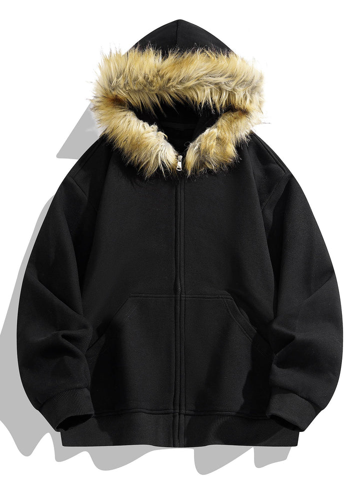 Relaxed fit faux fur collar zipper hoodie