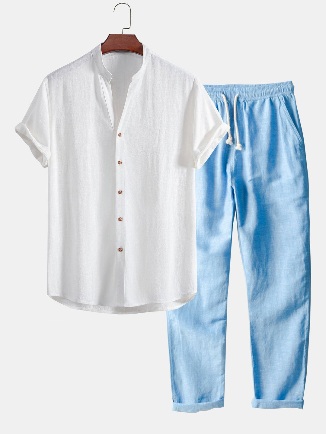 V-neck Linen Rayon Blend Shirt & Straight Leg Linen Pants