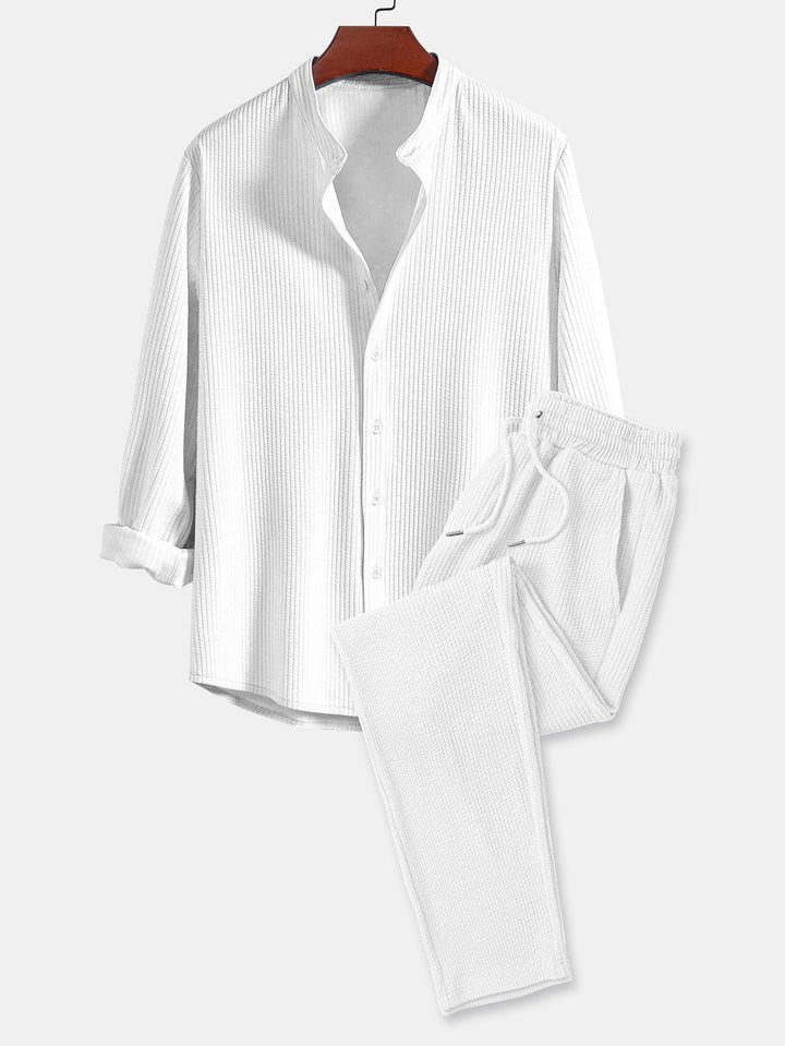 Langemouw Muscle Fit Ribbel Kraag Shirt & Rechte Pijpen Ribbel Broek