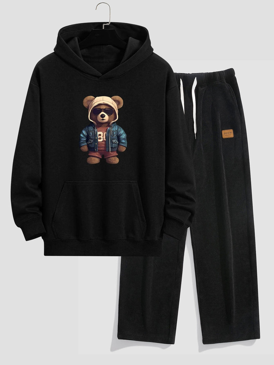 Bear In Leather Jacket Print Relax Fit Hoodie & Straight Leg Corduroy Pants