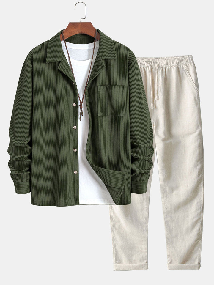 Lange Mouwen Corduroy Cubaanse Kraag Shirt & Rechte Pijpen Linnen Broek