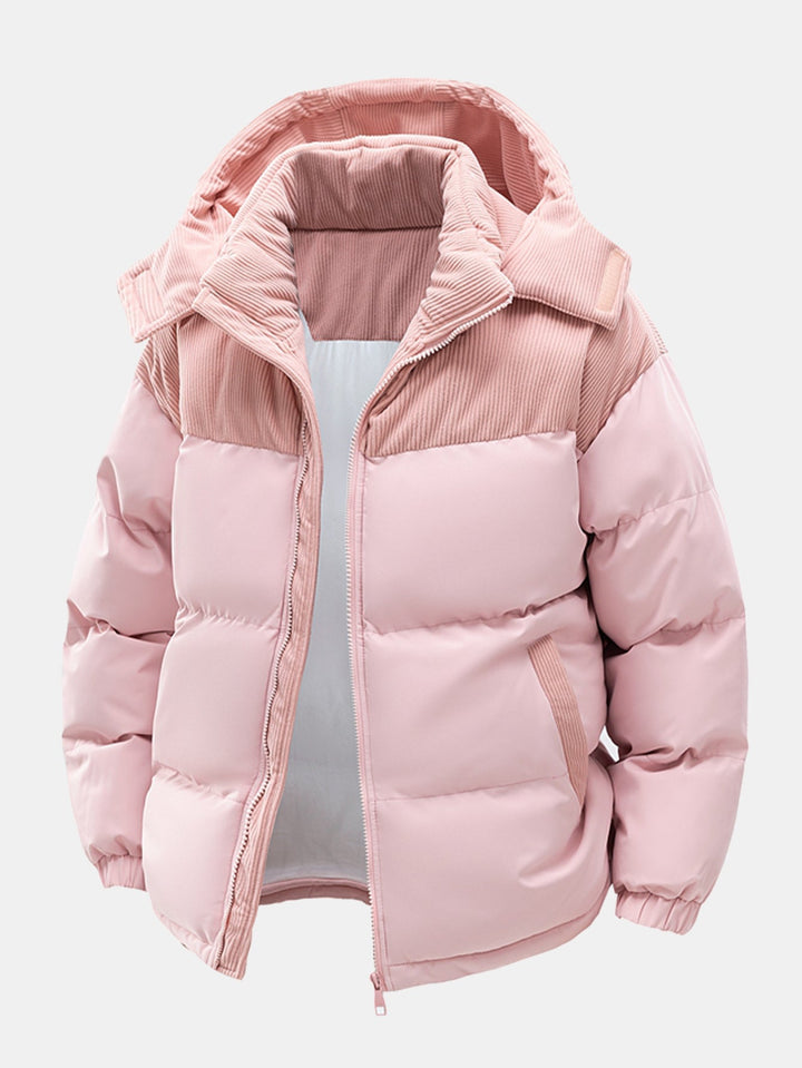 Corduroy patchwork quilted jacket with hood