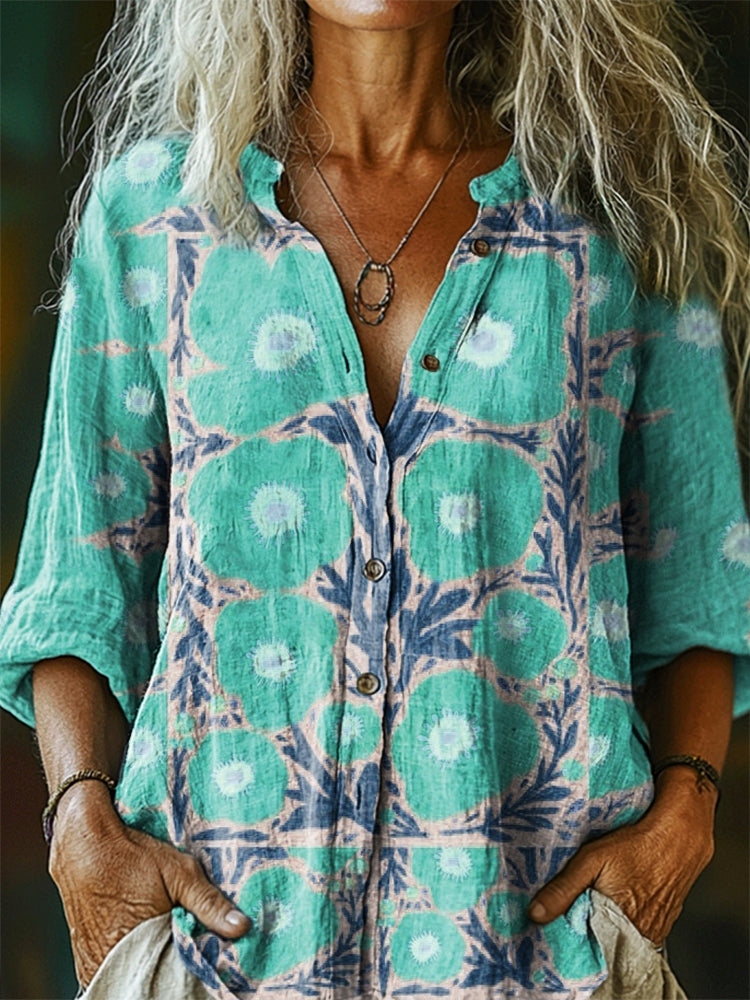 Damesoverhemd met bloemenprint, casual katoen-linnen model.              WORD LID VAN DE FREE SPIRIT-FAMILIEWELKOM BIJ THE VIBEJE BENT AL BINNEN