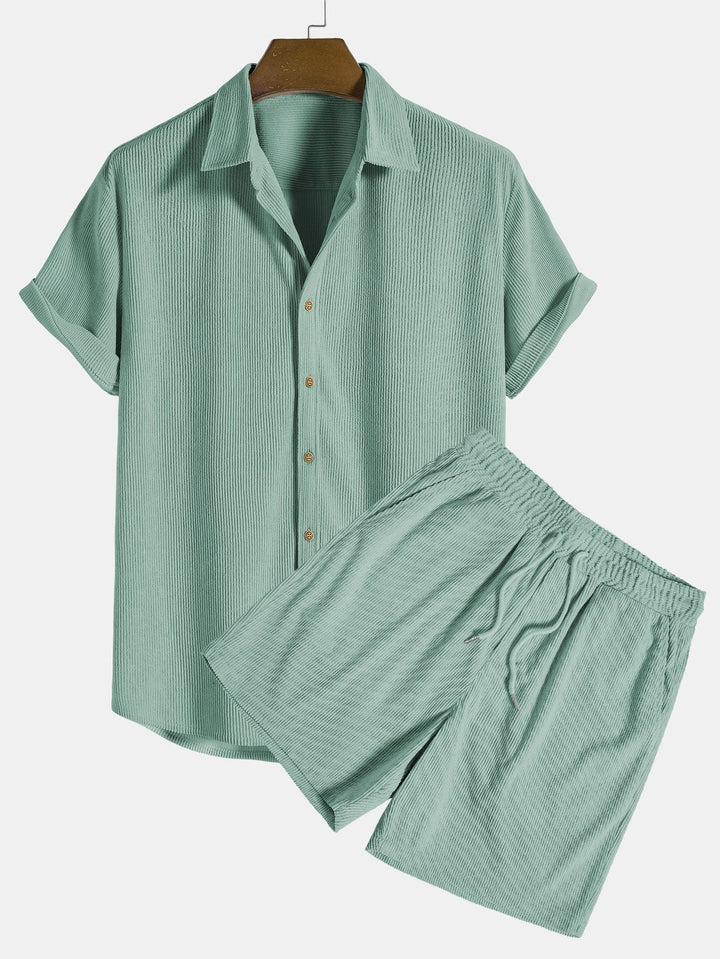 Korte Mouwen Corduroy Overhemd met Knopen & Shorts