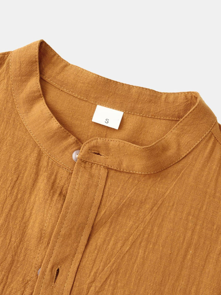 Lange Mouwen Linnen Look Staande Kraag Shirt & Rechte Pijpen Linnen Broek