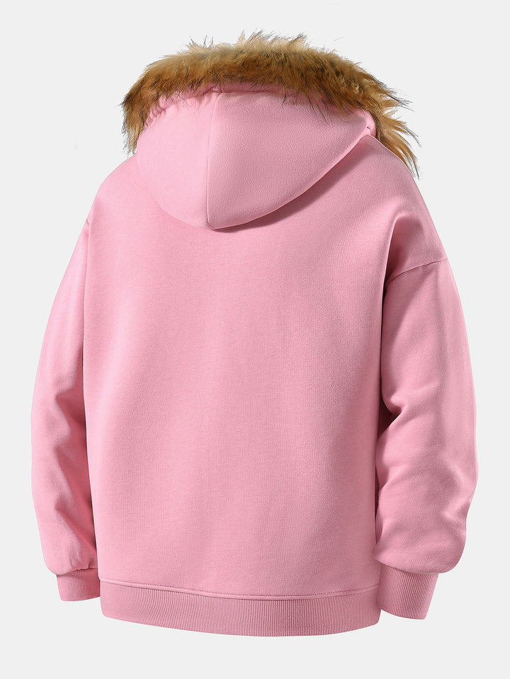 Relaxed faux fur collar zip-up hoodie