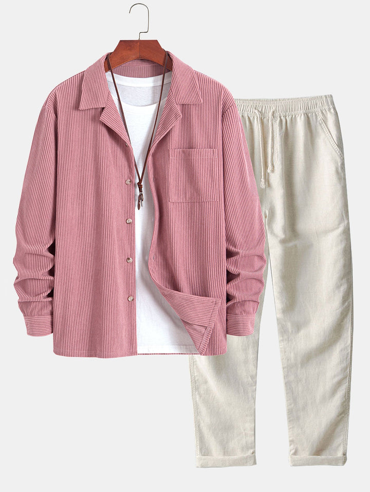 Lange Mouwen Corduroy Cubaanse Kraag Shirt & Rechte Pijpen Linnen Broek