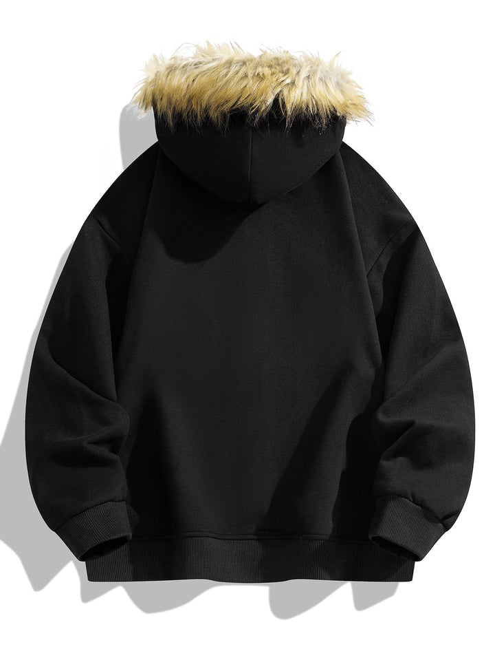Relaxed fit faux fur collar zipper hoodie