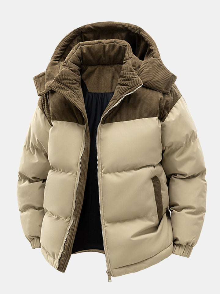 Corduroy patchwork quilted jacket with hood