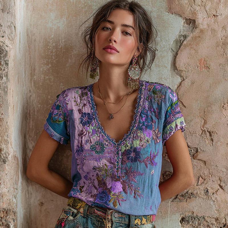 Almara | Bohemian Floral Linen Top