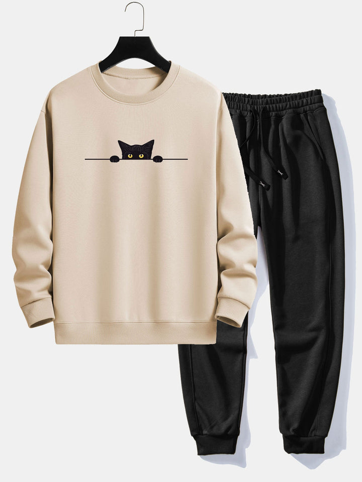 Zwarte Kat Print Relax Fit Sweatshirt & Joggingbroek