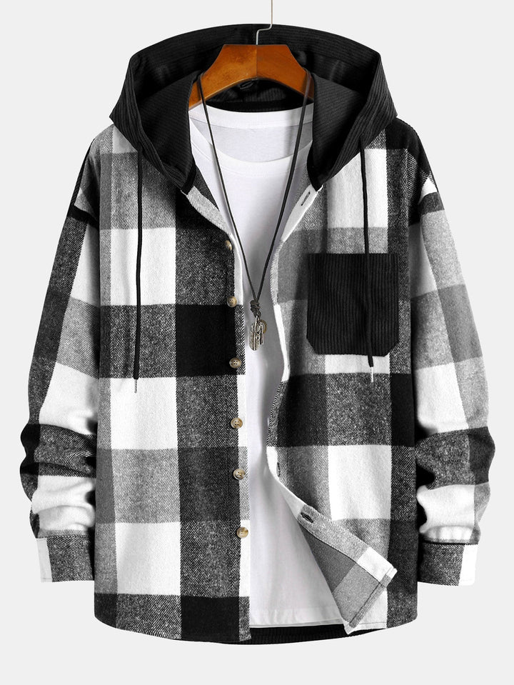 Relax Fit Flannel Ruit Corduroy Patchwork Hoodie Shirt & Chino Cargo Jogger Broek