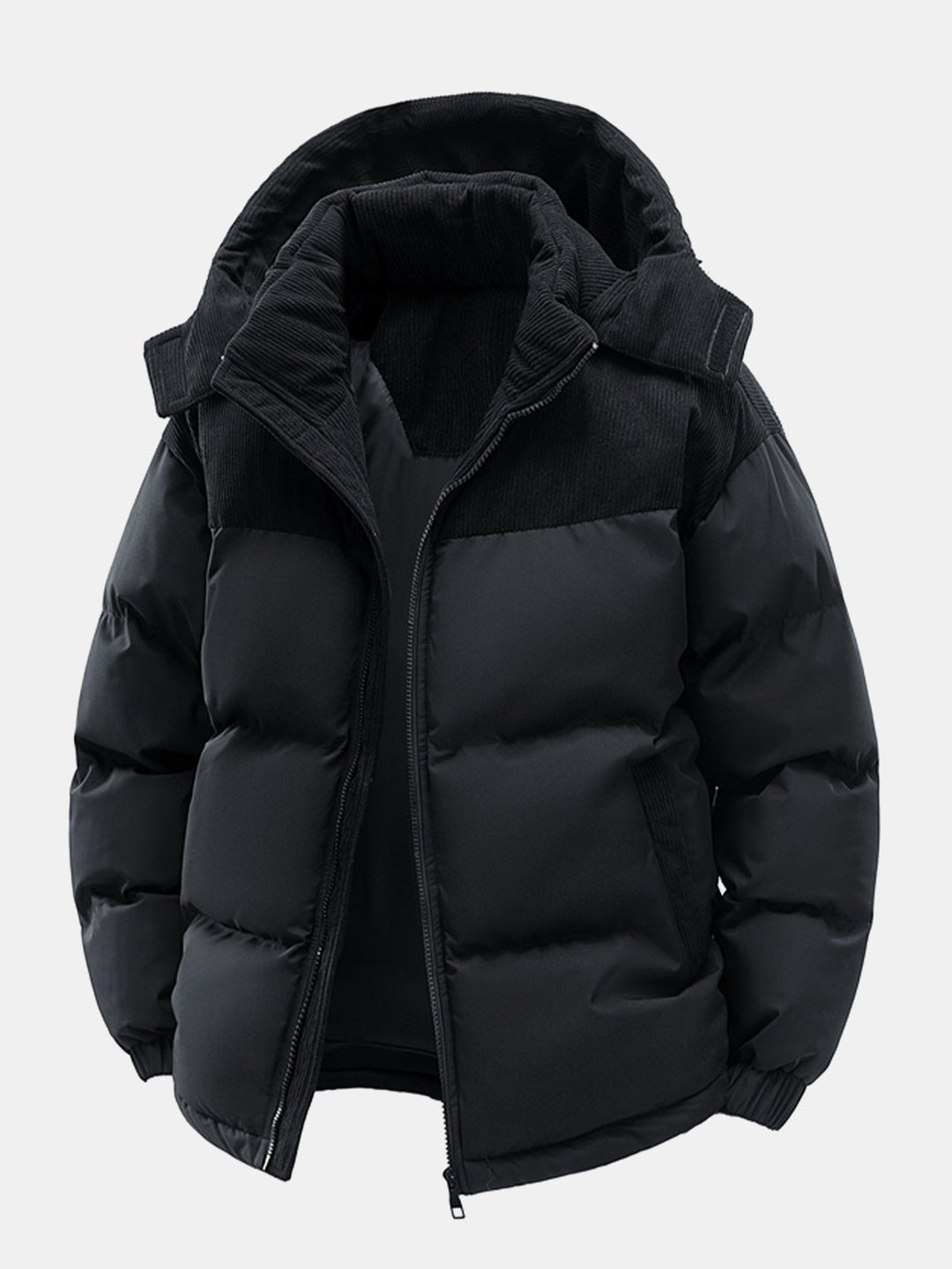 Corduroy patchwork quilted jacket with hood