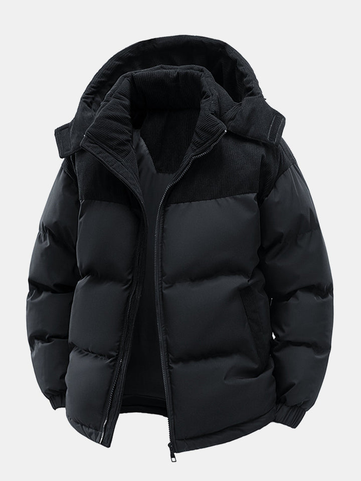 Corduroy patchwork quilted jacket with hood