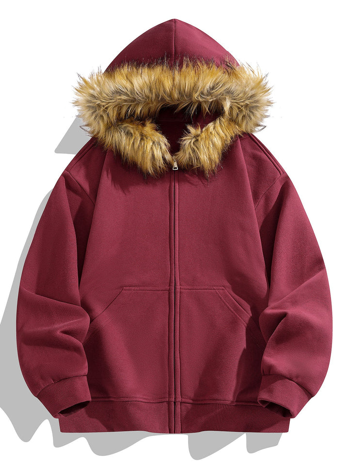 Relaxed fit faux fur collar zipper hoodie