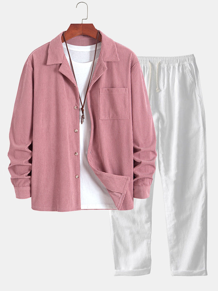 Lange Mouwen Corduroy Cubaanse Kraag Shirt & Rechte Pijpen Linnen Broek