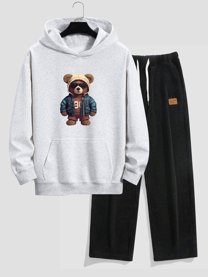 Bear In Leather Jacket Print Relax Fit Hoodie & Straight Leg Corduroy Pants
