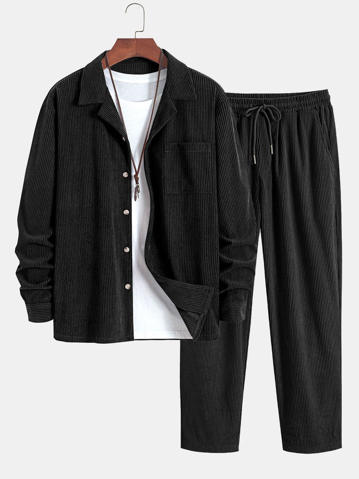 Lange Mouwen Corduroy Cubaanse Kraag Shirt & Rechte Pijpen Corduroy Broek