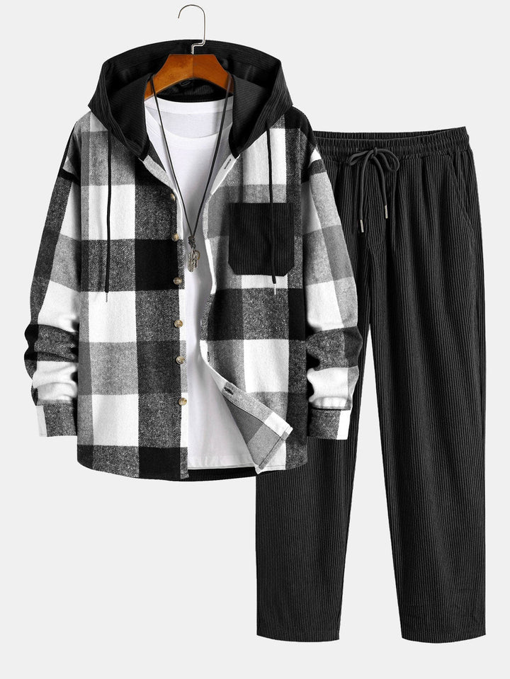 Relax Fit Flannel Ruit Corduroy Patchwork Hoodie Shirt & Rechte Pijpen Corduroy Broek