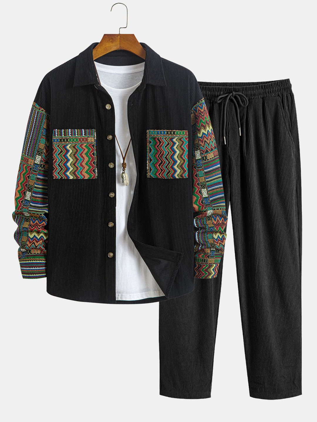 Relax Fit Etnische Geometrische Corduroy Patchwork Shirt # Willekeurig Patroon Ontwerp # & Rechte Pijpen Corduroy Broek