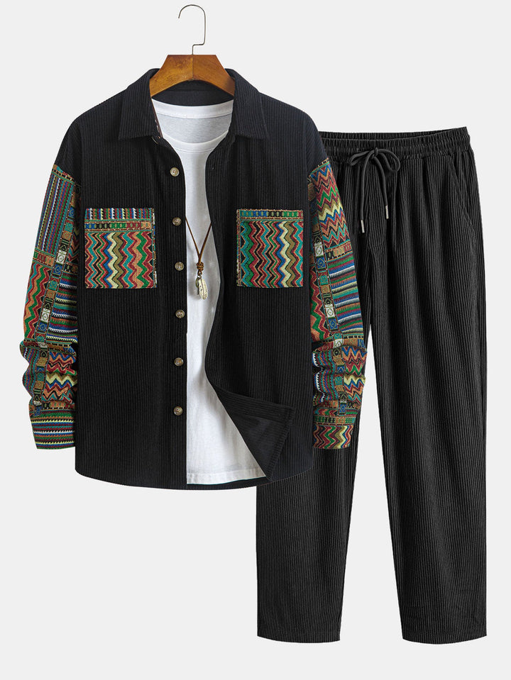 Relax Fit Etnische Geometrische Corduroy Patchwork Shirt # Willekeurig Patroon Ontwerp # & Rechte Pijpen Corduroy Broek