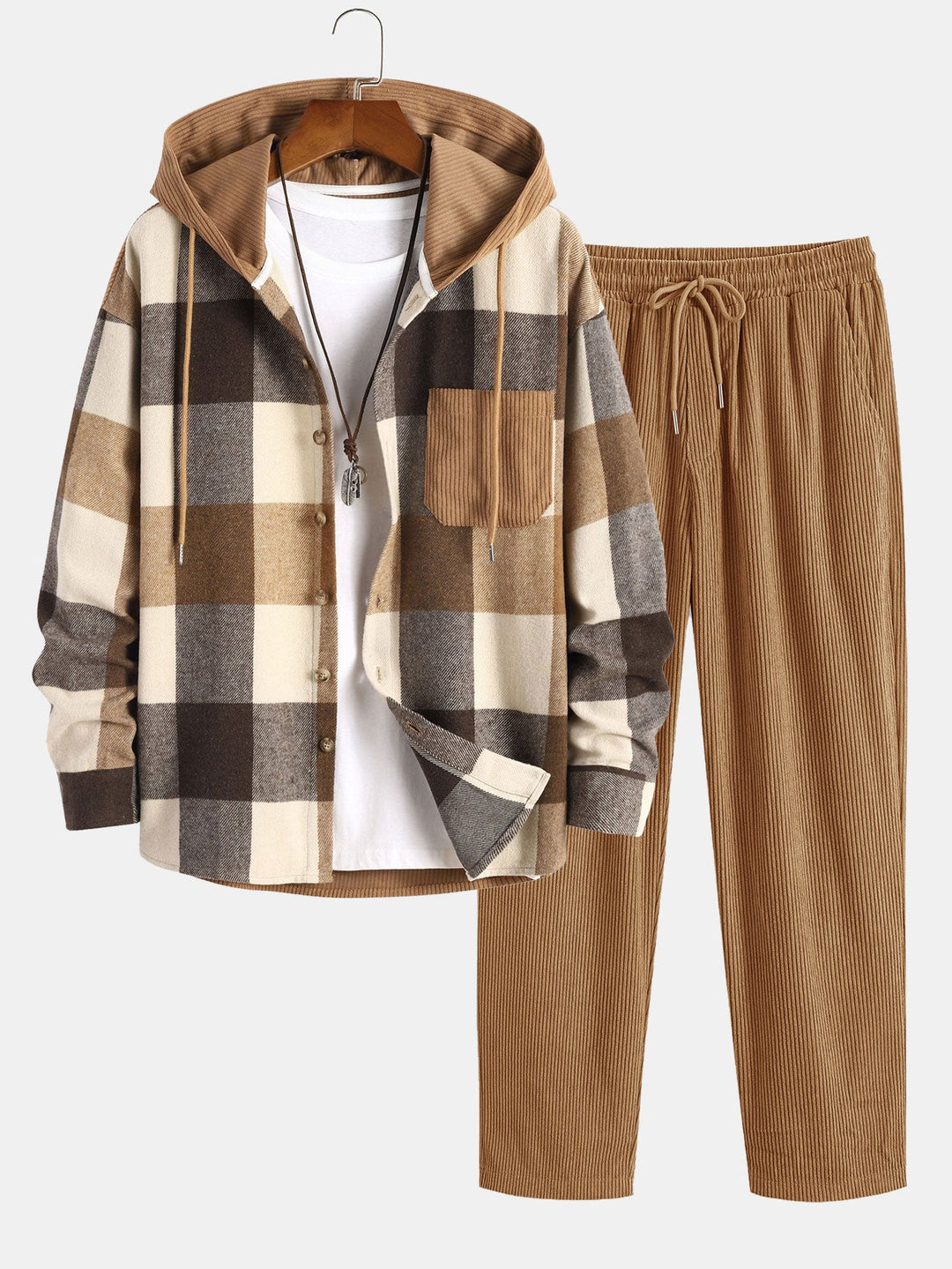 Relax Fit Flannel Ruit Corduroy Patchwork Hoodie Shirt & Rechte Pijpen Corduroy Broek