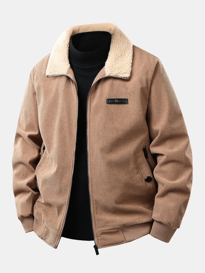 Teddy-lined corduroy jacket with zipper closure