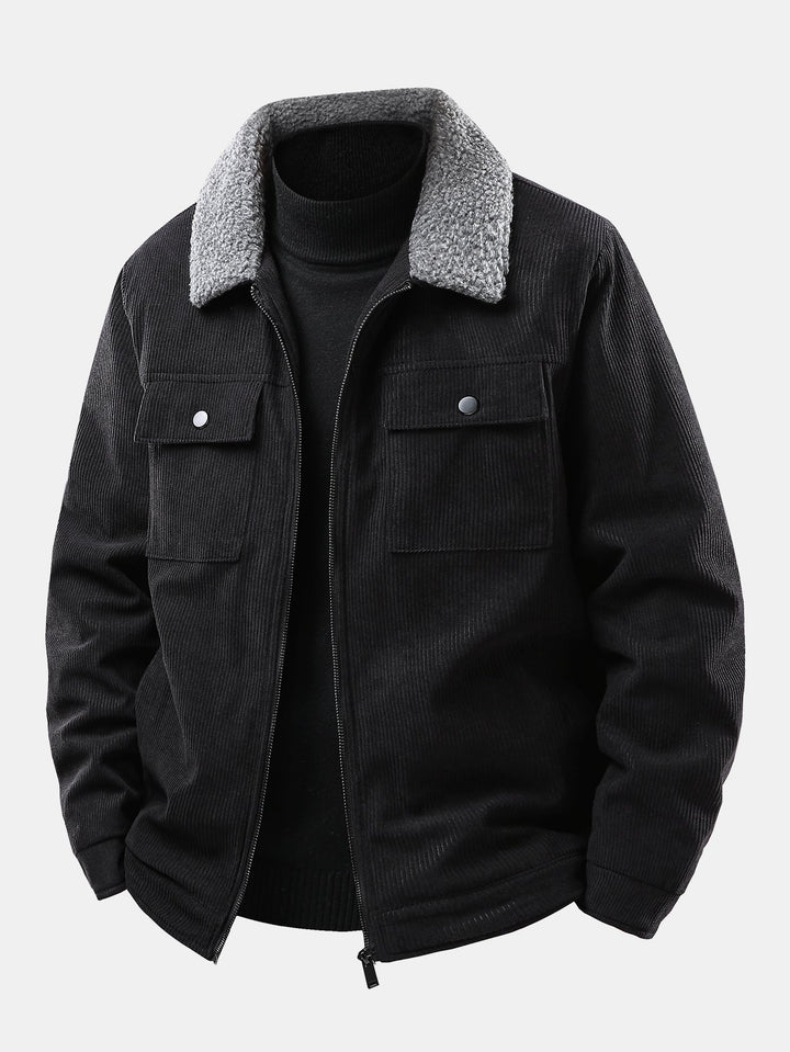 Corduroy jacket with zipper, teddy lining, and pockets